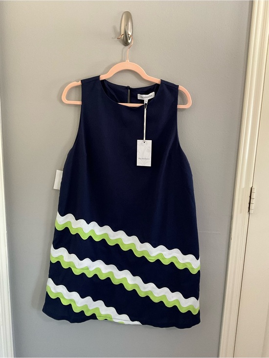 Prosperina Dresses & Skirts - Navy Sleeveless Mini Dress with White & Lime Wave Trim